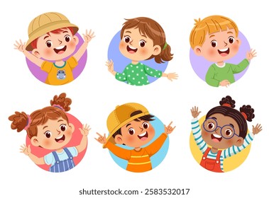 Vector illustration group of adorable and diverse children are smiling and waving cheerfully