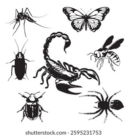 Vector illustration of a group of animals in black and white, for tattoos, types of animals, on a white background.