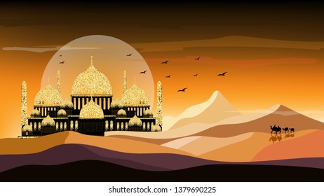 Vector illustration group of Arab people with camels caravan riding in desert sands, Caravan Muslim ride camel to mosque, Background for Ramadan Kareem