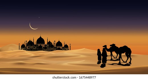 Vector illustration group of Arab people with camels caravan riding in realistic desert sands, Caravan Muslim ride camel to mosque at night with crescent Moon , Background for Ramadan Kareem