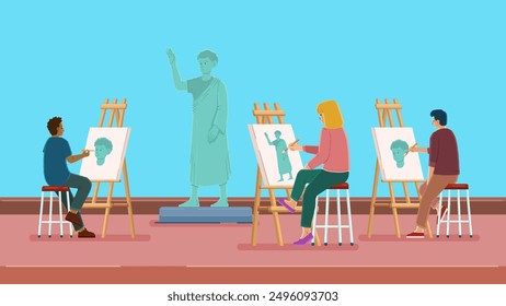 Vector Illustration of Group Art Lessons. Painting Art Class.