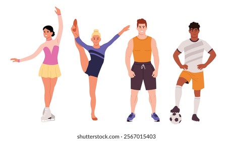 Vector illustration of a group of athletes. Cartoon scene of young, slender boys and girls athletes: girl figure skater, gymnast, pumped up guy, football player with ball isolated on white background.