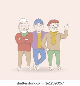 Vector illustration group attractive old men,old people stand in different positions,cartoon design.