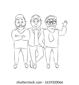 Vector illustration group attractive old men,old people stand in different positions,linear silhouette on a white background.