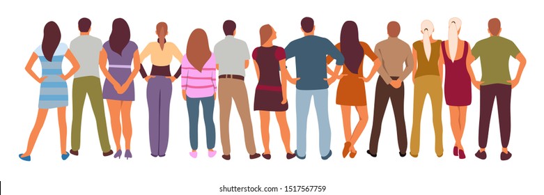 vector illustration group of back view people group, man, woman, boy and girl standing pose characters, worker and casual isolated person on white background. vector creation with flat design.