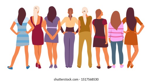 vector illustration group of back view people group, girl, female and woman standing pose characters, worker and casual isolated person on white background. vector creation with flat design.