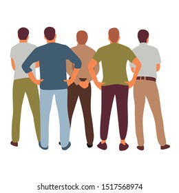 vector illustration group of back view people group, male, boy and man standing pose characters, worker and casual isolated person on white background. vector creation with flat design.