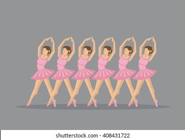 Vector illustration of a group of ballerinas, corps de ballet, in pink leotard and tutu performing synchronized ballet pose en pointe with arms in fifth position isolated on grey background