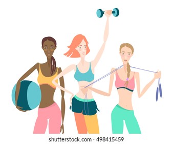 Vector illustration Group of Beautiful smiling young women standing holding fitness dumbbell, fitball, skipping rope, wearing sport clothing bra, shorts, tights at gym
