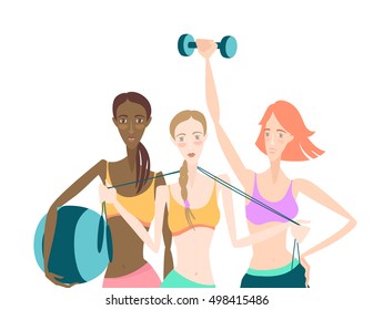 Vector illustration Group of Beautiful smiling young women standing holding fitness dumbbell, fitball, skipping rope, wearing sport clothing bra, shorts, tights at gym