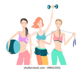 Vector illustration Group of Beautiful smiling young women standing holding fitness dumbbell, fitball, skipping rope, wearing sport clothing bra, shorts, tights at gym