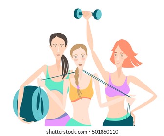 Vector illustration Group of Beautiful smiling young women standing holding fitness dumbbell, fitball, skipping rope, wearing sport clothing bra, shorts, tights at gym