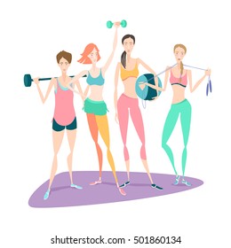Vector illustration Group of Beautiful smiling young women standing holding fitness dumbbell, barbell, fitball wearing sport clothing bra, shorts, tights at gym