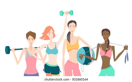 Vector illustration Group of Beautiful smiling young women standing holding fitness dumbbell, barbell, fitball wearing sport clothing bra, shorts, tights at gym
