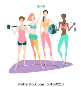 Vector illustration Group of Beautiful smiling young women standing holding fitness dumbbell, barbell, fitball wearing sport clothing bra, shorts, tights at gym