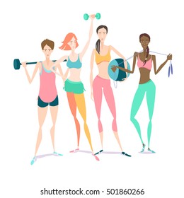 Vector illustration Group of Beautiful smiling young women standing holding fitness dumbbell, barbell, fitball wearing sport clothing bra, shorts, tights at gym