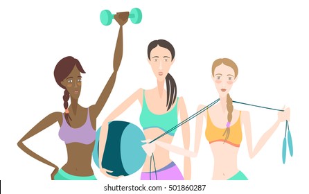 Vector illustration Group of Beautiful smiling young women standing holding fitness dumbbell, fitball, skipping rope, wearing sport clothing bra, shorts, tights at gym