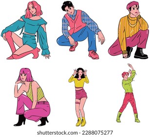 Ilustración vectorial de un grupo de jóvenes hermosos en diferentes poses.
