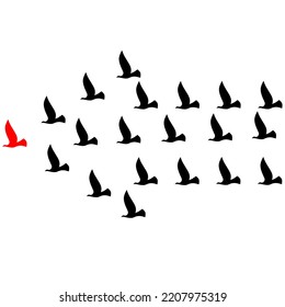 Vector illustration of a group of birds flying following their leader. Black bird colony design concept following red bird. Isolated on a white background. Great for logos about birds.