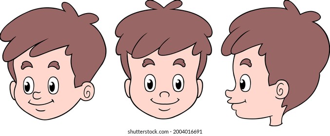Vector illustration group boy's heads in front  side   three  quarter view 
