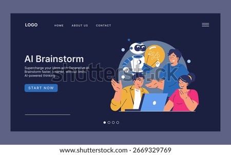 Vector illustration of a group brainstorming with an AI robot holding a lightbulb symbolizing ideas. Team of three collaborates using a laptop, displaying curiosity and excitement.