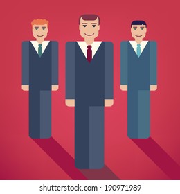 Vector illustration group of business people with businessman leader on foreground, modern flat icons with shadows, team