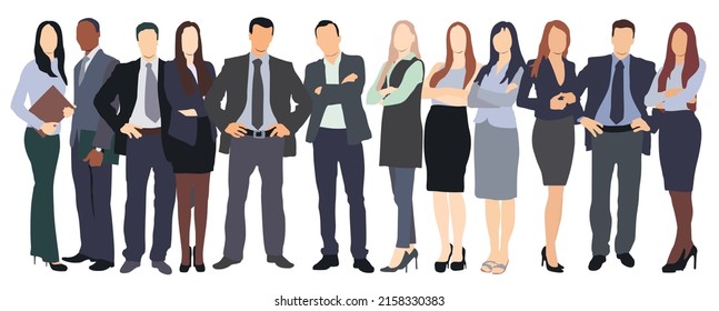 vector illustration of group of business people standing in a row, set, man and women