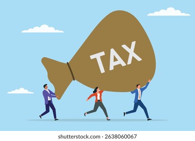Vector illustration of a group of business people struggling to carry a huge tax sack, symbolizing the heavy financial burden, collective responsibility, and challenges face in  economic pressures
