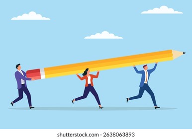 Vector illustration group of business people carrying a giant pencil, symbolizing united creativity, collaborative efforts in strategic planning, and responsibility for creating innovative business