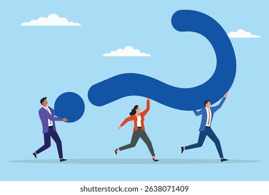 Vector illustration of a group of business people carrying a large question mark, representing teamwork, shared responsibility, and collective efforts to solve problems and overcome 