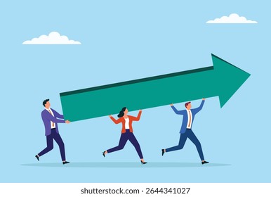 Ilustração vetorial de um grupo de pessoas de negócios carregando uma barra de seta para cima, simbolizando unidade, trabalho em equipe e esforço conjunto para impulsionar o crescimento e o progresso da empresa
