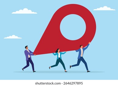 Ilustração vetorial de um grupo de pessoas de negócios carregando um ícone de localização grande, simbolizando trabalho em equipe, colaboração e um esforço conjunto para alcançar metas e objetivos importantes de negócios
