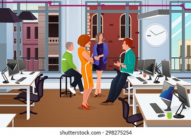 A vector illustration of a group business people in an informal meeting in the office