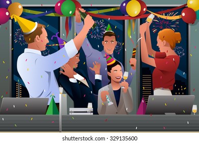 A vector illustration of group of business people celebrating New Year in the office