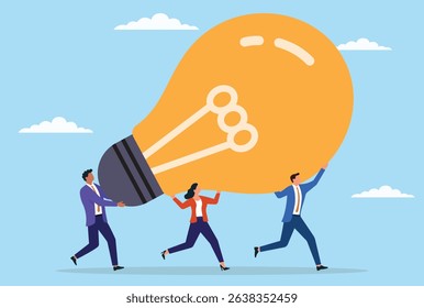 Vector illustration of a group of business professionals carrying a large light bulb, representing the power of teamwork, innovation, and collective effort behind brilliant business ideas
