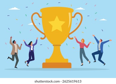 Ilustração vetorial de um grupo de empresário saltando para a frente vitoriosa de um grande troféu