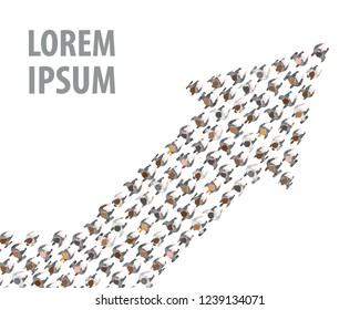 Vector illustration. A group of businessmen and a businesswoman in the shape of an arrow. Top view. Crowded people vector arrow symbol. View from above. Way to success business concept. 