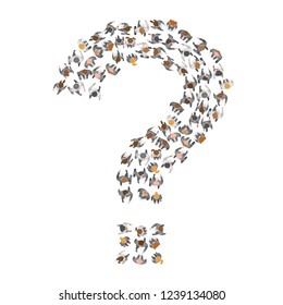 Vector illustration. A group of businessmen and a businesswoman in the shape of a question mark. Top view. People crowd in the shape of a question mark. View from above.