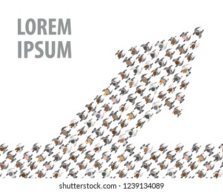 Vector illustration. A group of businessmen and a businesswoman in the shape of an arrow. Top view. Crowded people vector arrow symbol. View from above. Way to success business concept. 