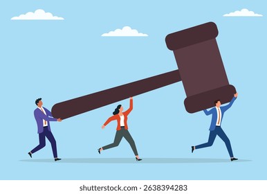 Vector illustration of a group of businessmen carrying a large judge's gavel, symbolizing collective authority, shared commitment to justice and ethical governance in the corporate world