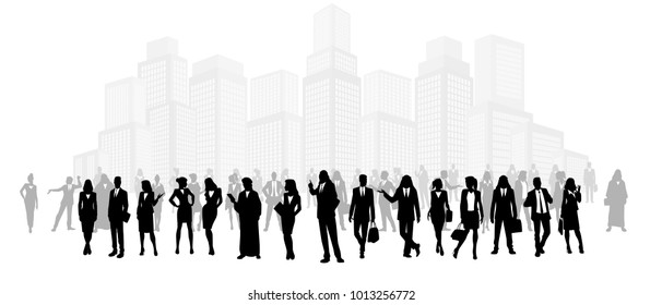 Vector illustration of group of businessmen on background of city