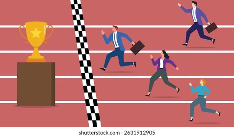 Vector illustration of a group of businessmen reaching the finish line of a competition	