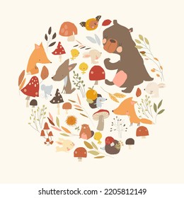 Vector Illustration with Group of Cartoon Animals, Leaves and Mushrooms