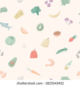 Vector illustration of a group of cartoon objects. Seamless pattern, healthy food with vitamins and minerals. Vegetables, fruits and cereals. Background decoration.