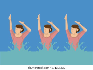 Vector illustration of a group of cartoon women swimmers in water doing synchronized swimming.