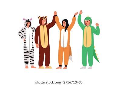 Vector illustration of a group of cheerful people at a pajama party. Cartoon scene of boys and girls dressed in animal pajamas: zebra, bear, fox, crocodile isolated on white background. Costume party.