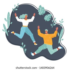 Vector illustration of group of cheerful young people men and women jump in happy. Human character on dark background.