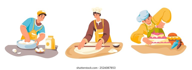 Una Ilustración vectorial de un grupo de chefs horneando varios artículos, trabajando con masa y decorando pasteles, aislados sobre un fondo blanco.