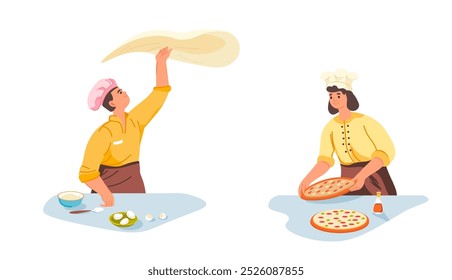 Una Ilustración vectorial de un grupo de chefs horneando varios artículos, trabajando con masa y decorando pasteles, aislados sobre un fondo blanco.