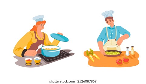 Una Ilustración vectorial de un grupo de chefs horneando varios artículos, trabajando con masa y decorando pasteles, aislados sobre un fondo blanco.